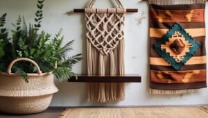 vignette showing a combination of rattan, macramé, wood, jute rug, and a textile wall hanging