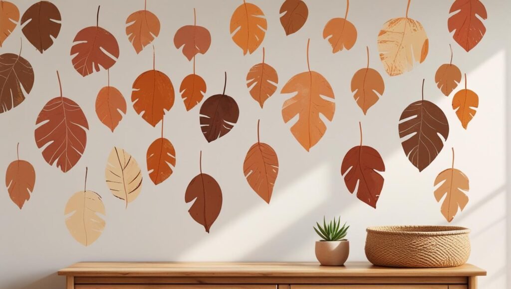 wall art hanging with minimalist fall patterns in a cozy boho bedroom setup.