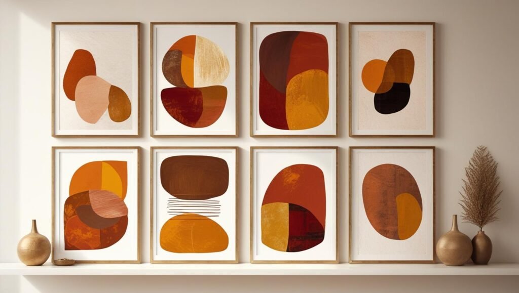 wall shelf or gallery wall with fall toned abstract art prints in wooden or brass frames