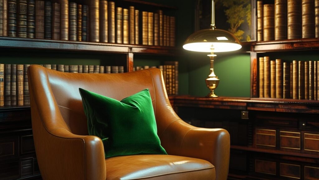 warm toned study scene with green walls, modern leather armchair, velvet pillow, wooden bookshelf stacked with old books