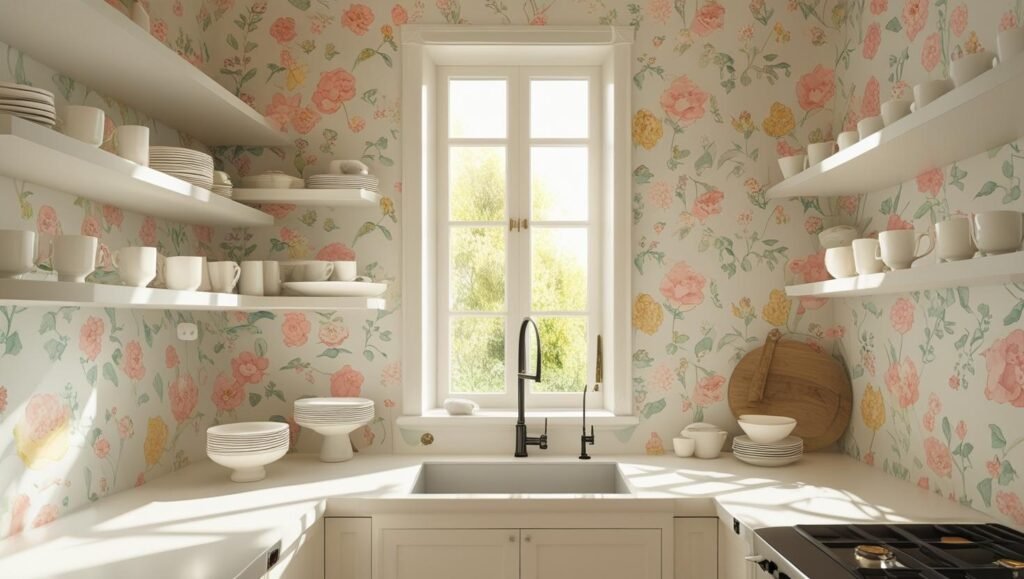 whimsical modern kitchen with small floral wallpaper, open shelves, white plates and cups