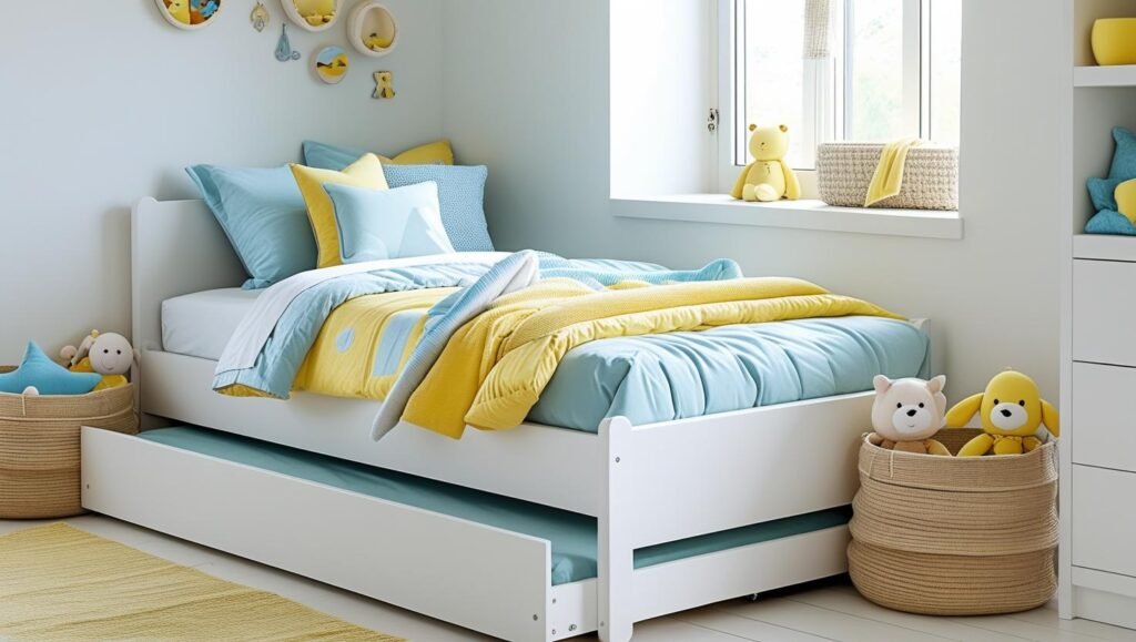 white wood twin bed with a trundle bed pulled halfway out. kid friendly room with fun but tidy decor. show layered bedding and storage baskets nearby.