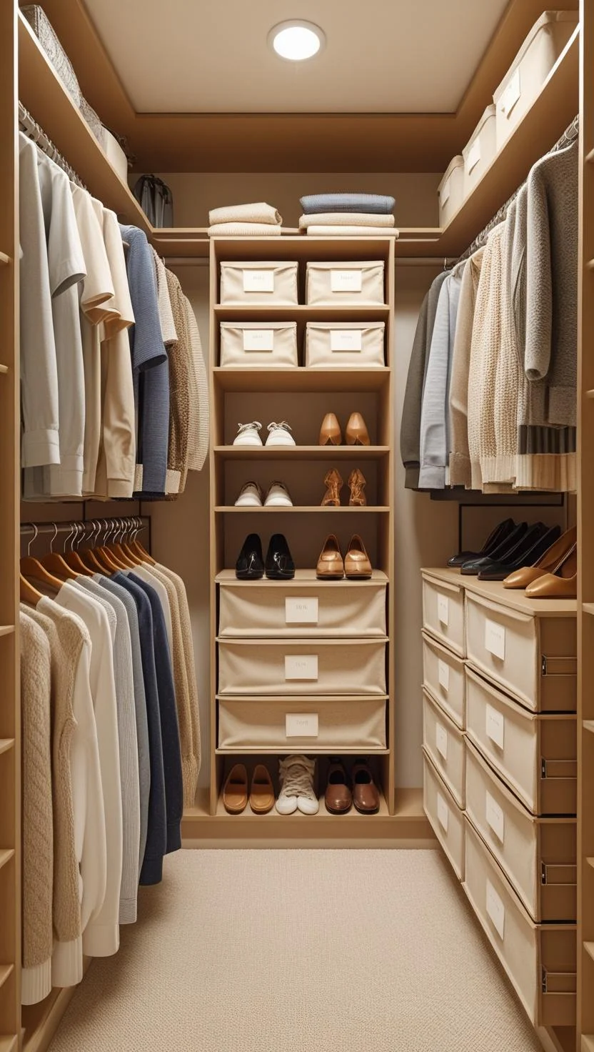 wide view of a small closet divided into clear zones hanging clothes, folded items in bins