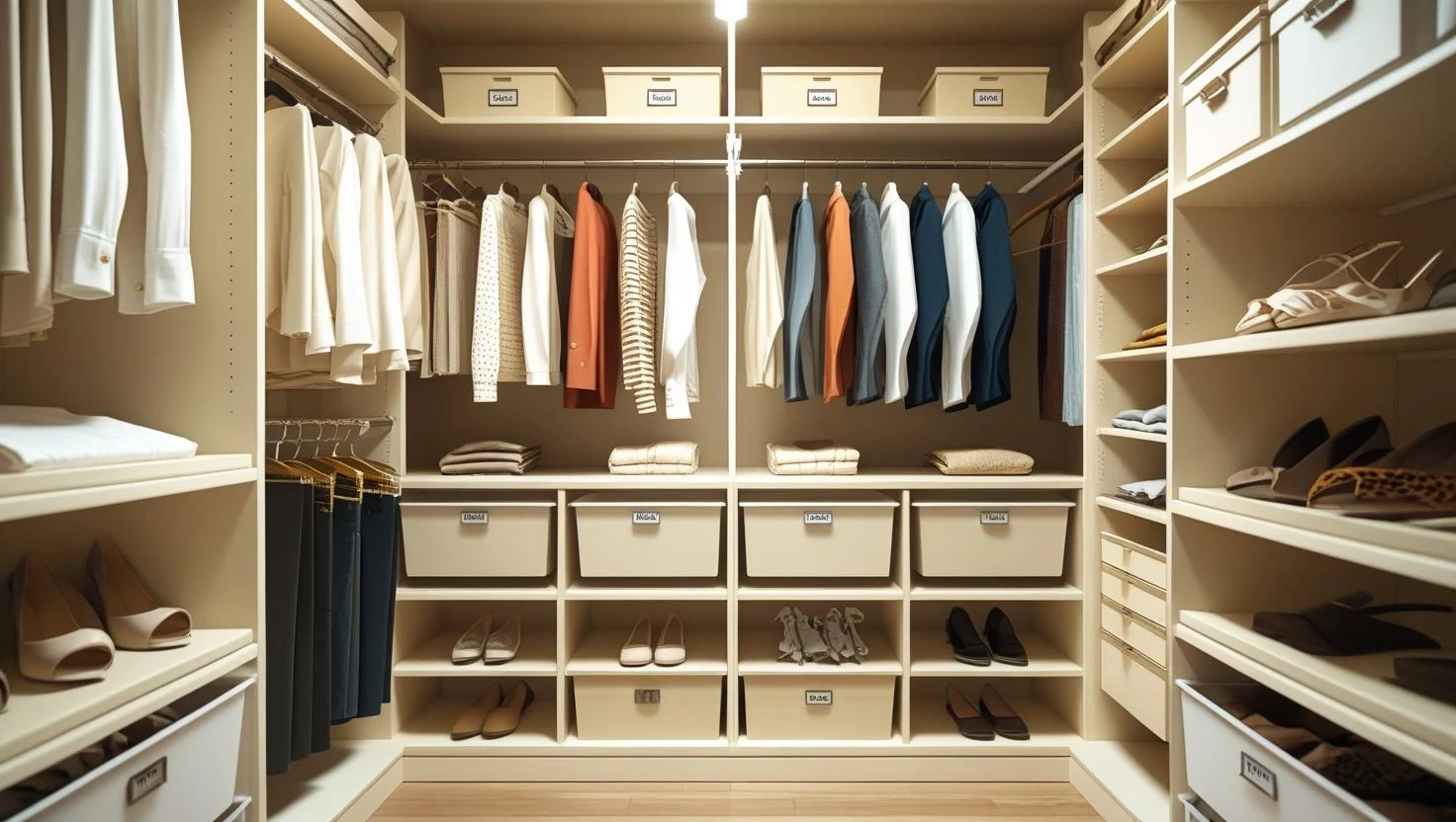 wide view of a small closet divided into clear zones hanging clothes, folded items