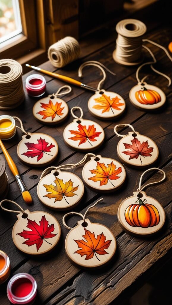 wooden christmas ornaments painted with fall leaves and pumpkin designs, arranged on a rustic wooden table with paint brushes