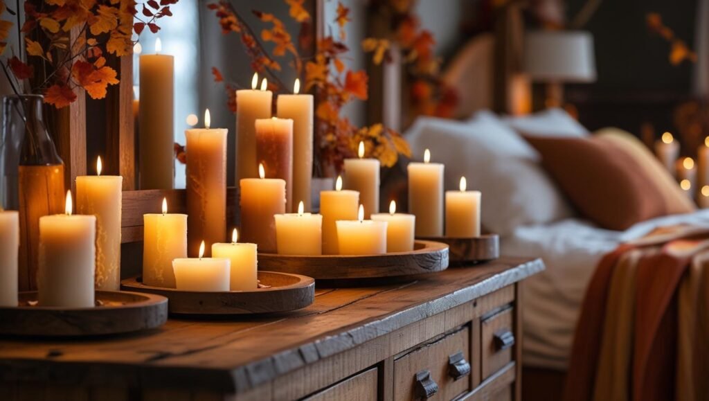 wooden dresser decorated with clusters of candles of different heights, cozy fall ambiance, rustic trays, and soft flickering light, blurred background of a bed with autumn blankets