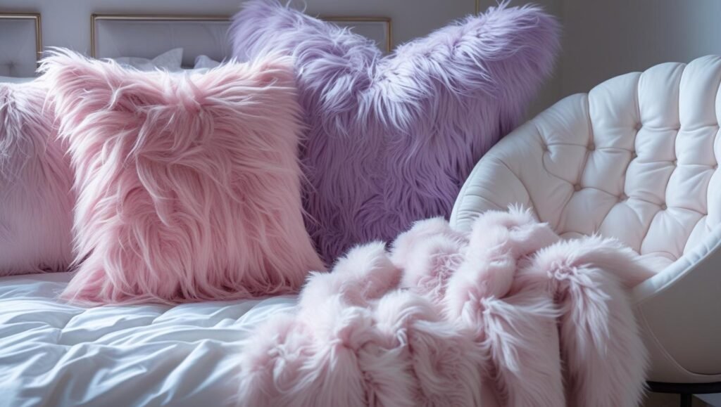 y2k bedroom corner with pastel pink and lavender faux fur pillows on a white bed, fluffy throw blanket, bubble chair nearby. dreamy lighting, cozy and glam aesthetic.