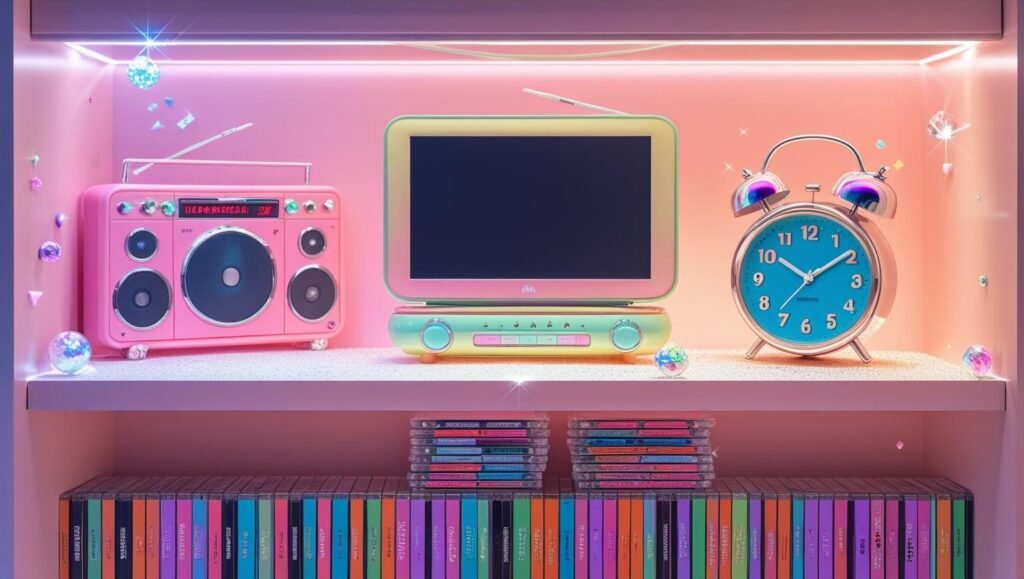y2k bedroom shelf with a tv, pastel boombox, clear digital alarm clock, and stack of retro cds. playful and nostalgic setup with soft overhead light and sparkly accents