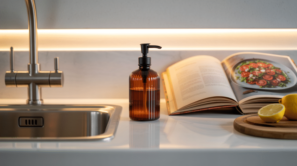 a photograph of an amber glass soap disp ijyonrz4tmyxxmtm8iquva lnfsdclxqpgkq xm3mgfig
