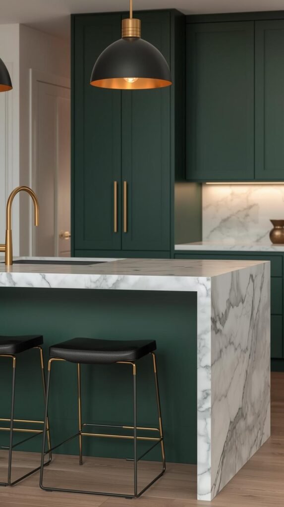 close up of a deep emerald green kitchen island with brass pulls and a white marble waterfall countertop