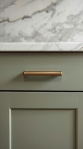 detail shot of kitchen hardware. close up of sage green cabinet drawer with brushed brass pull (2)