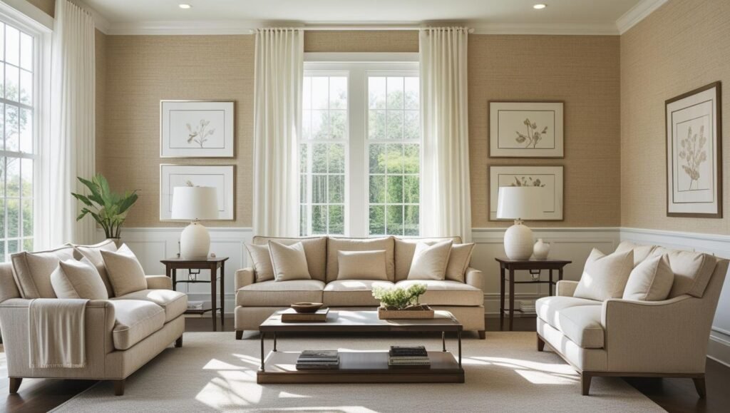 full decorated living room with linen look beige wallpaper accent wall