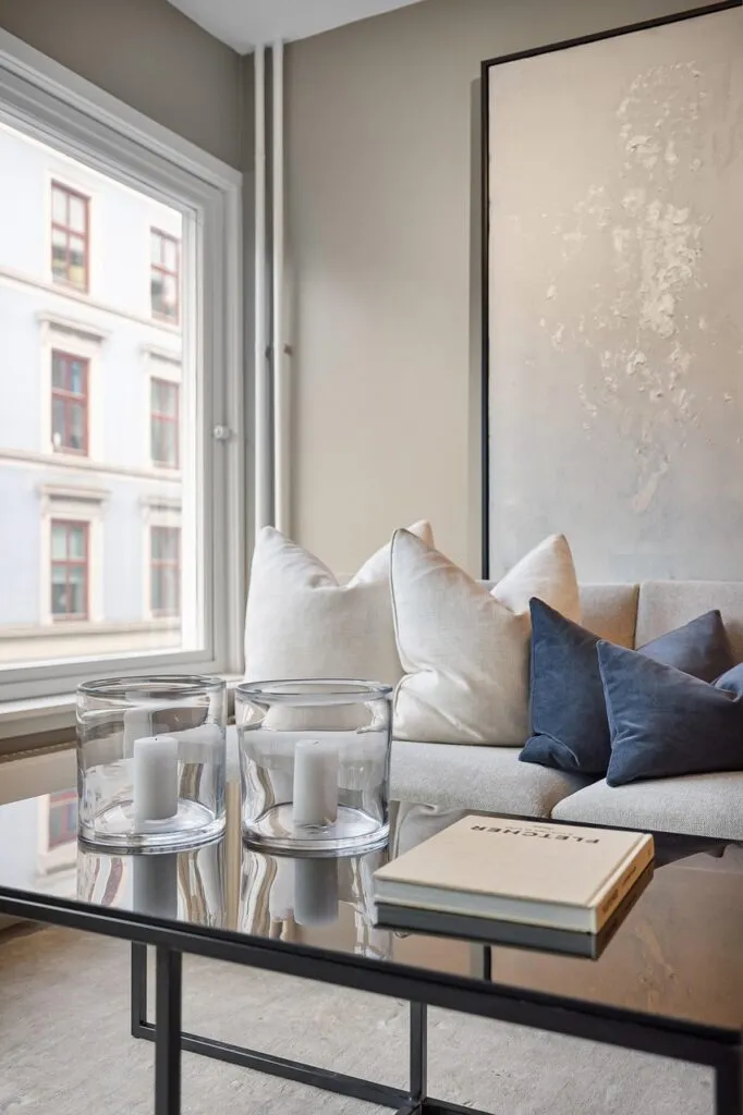 living room, sofa, table, pillows, decor, real estate, interior, house, luxury, window, art, design, home