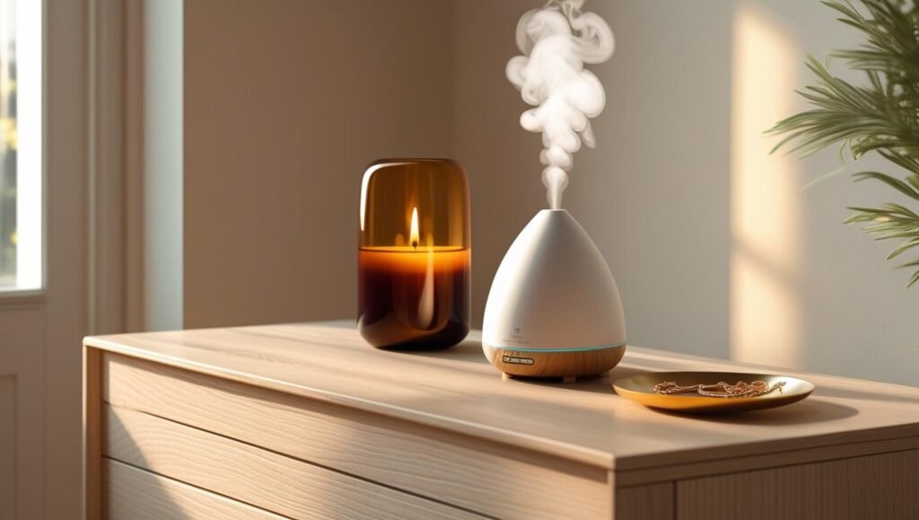 modern bedroom dresser with amber glass candle, essential oil diffuser, and jewelry.