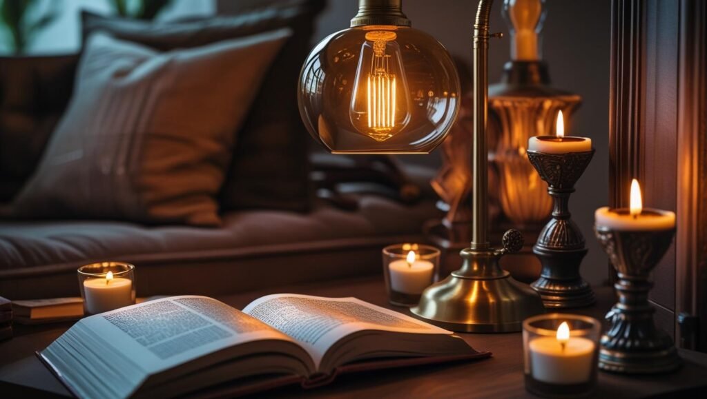 modern reading nook with brass table lamp, warm edison bulb, open book, candles in ornate holders, inviting and atmospheric, realistic photography