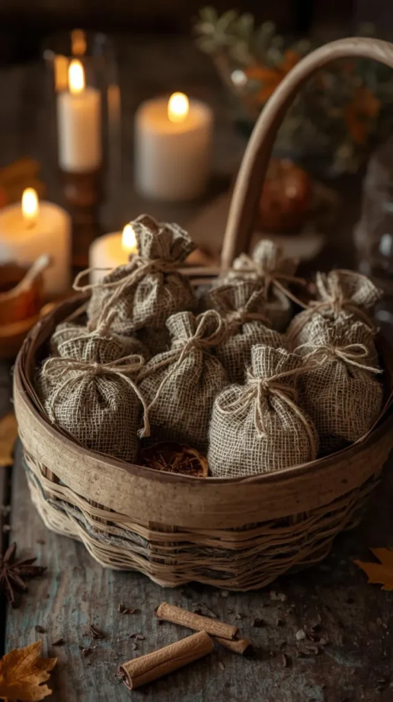 a basket filled with small fabric sachets tied with twine, each filled with herbs and spices