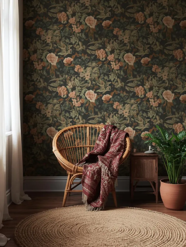 A bohemian nook with floral wallpaper in deep green and peach tones.