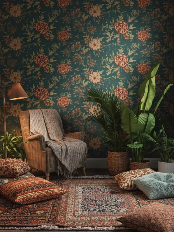 A boho bedroom with a wall of richly colored floral wallpaper.