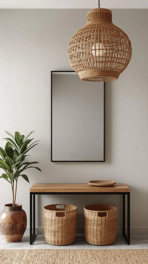 a bold black framed rectangular mirror hung on a light taupe wall above a console with woven baskets underneath