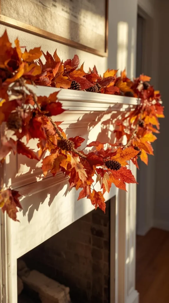 a bright and cozy living room with a mantel decorated by a handmade autumn leaf garland.