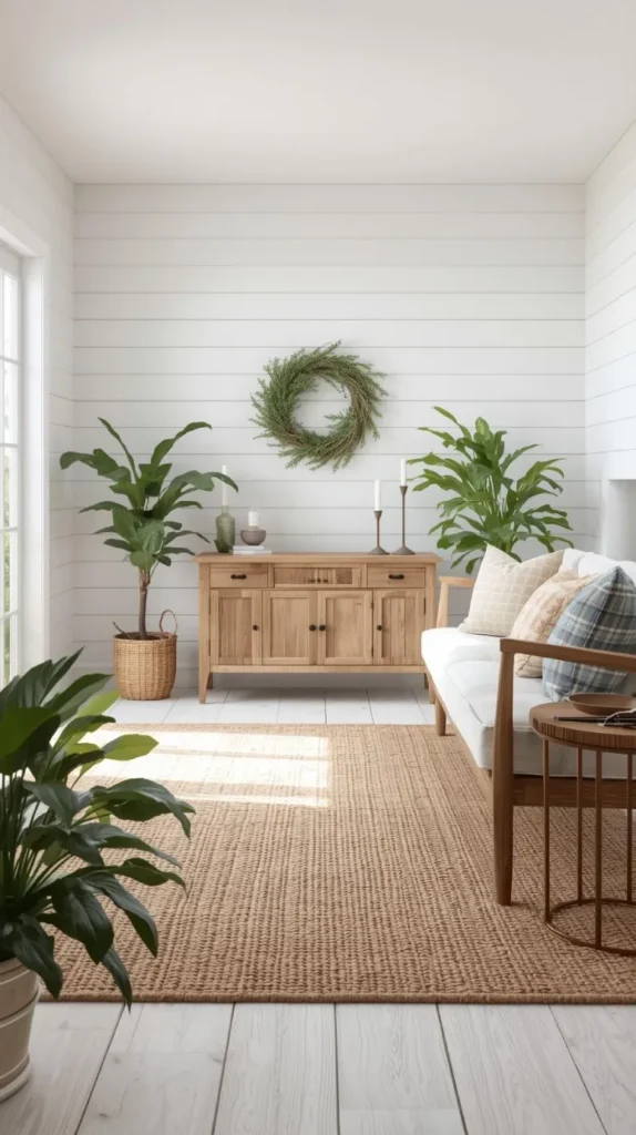 a bright space with white or light toned horizontal shiplap walls.