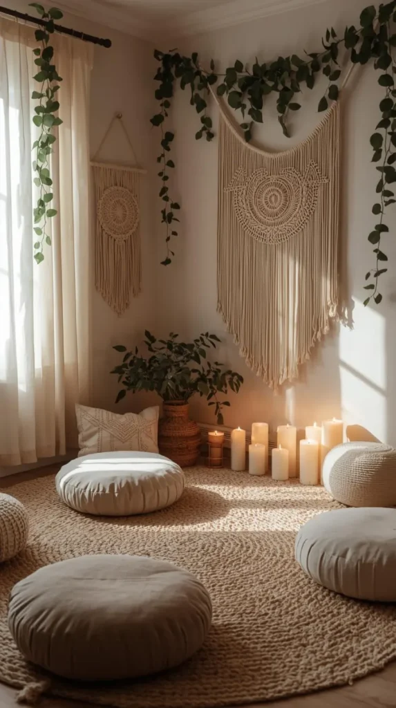 a calm cottagecore meditation space with round floor cushions