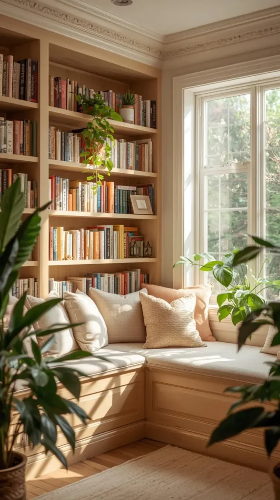a charming sunlit reading nook with a large window, built in bookshelves filled with books