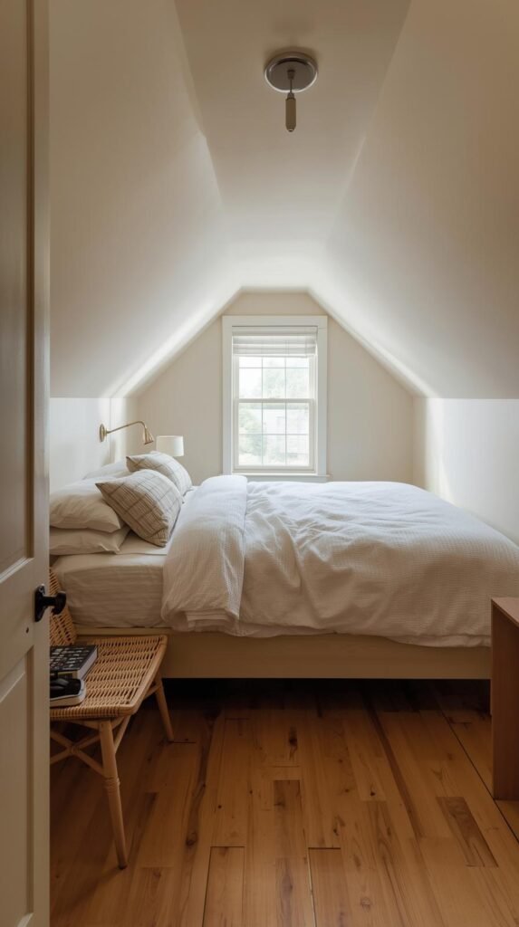 a compact guest room with a low ceiling painted in the same creamy off white as the walls
