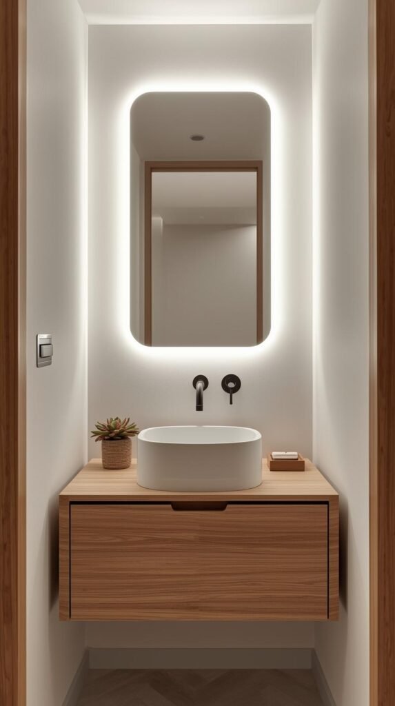 a contemporary bathroom setup with a glowing backlit rectangular mirror above a floating wood vanity.