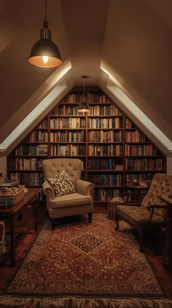 a cozy attic reading nook with sloped ceilings