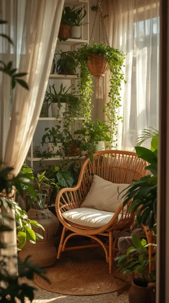 a cozy indoor garden with hanging plants, potted greenery
