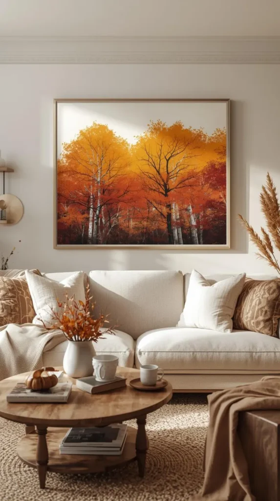a cozy living room with a large framed piece of diy fall wall art.