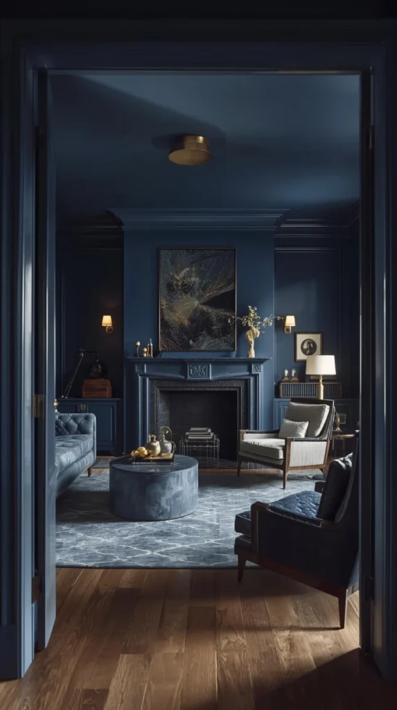 a cozy living room with all walls, ceiling, and trim painted in the same rich navy blue color, styled with mid century furniture