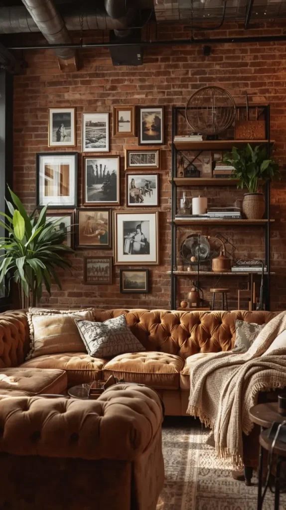 a cozy loft style living space featuring an exposed red brick wall