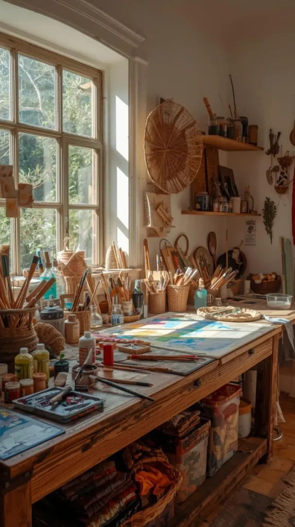 a cozy painting workshop with a wooden workbench