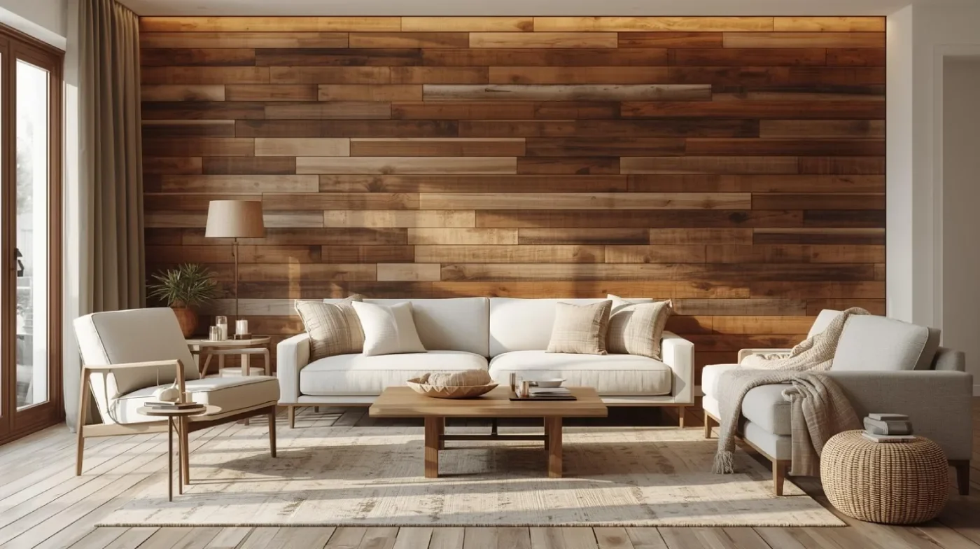 a cozy rustic living room featuring a dramatic accent wall