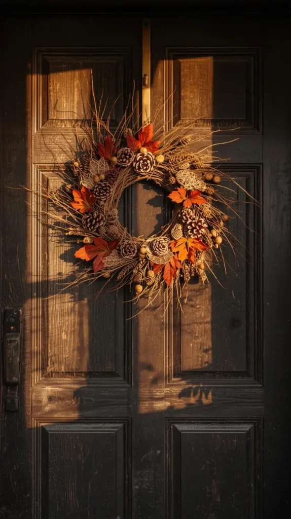 a dark front door with a handmade acorn and pinecone wreath hanging