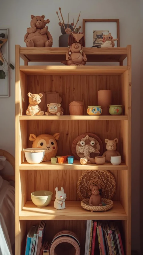 a display shelf with small handmade clay sculptures—animals, bowls, cups and trays. (1)
