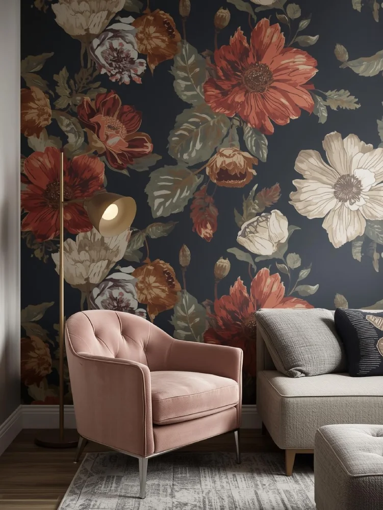 A dramatic accent wall in a living room with bold floral boho wallpaper against charcoal or navy background.