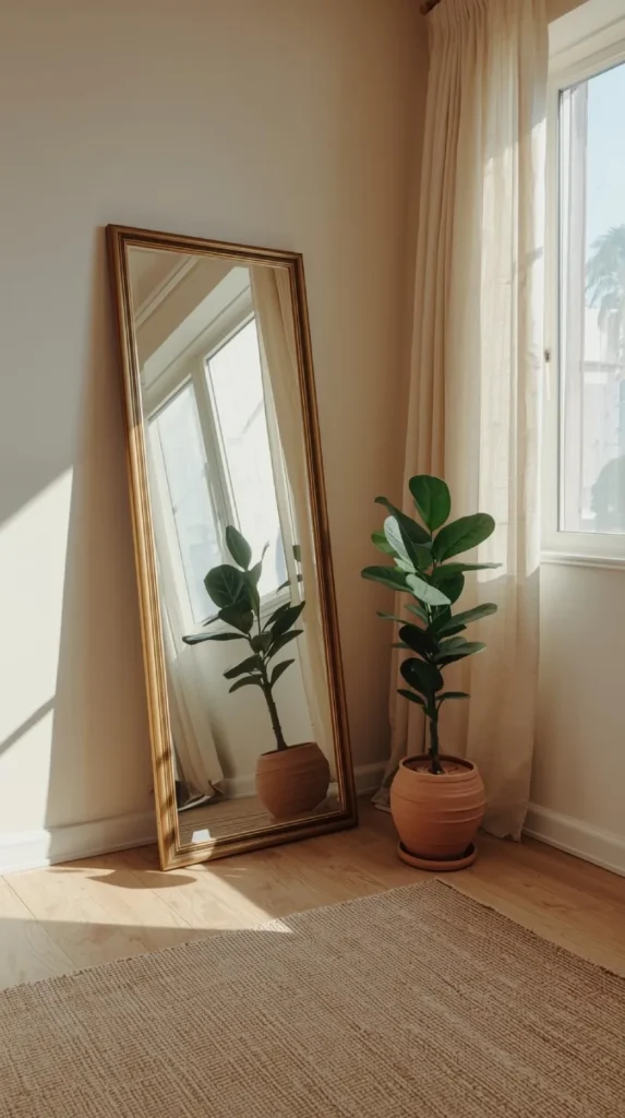 a full length extra large gold framed floor mirror leaning casually against a soft beige wall.