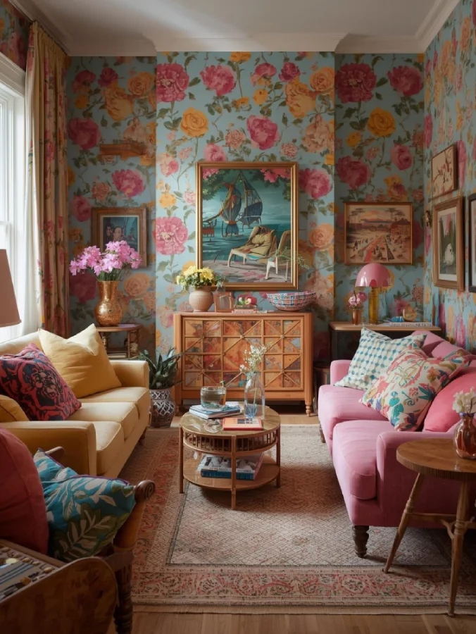 A fun boho space with floral wallpaper in vibrant pink, mustard yellow, and teal on a soft blue base.