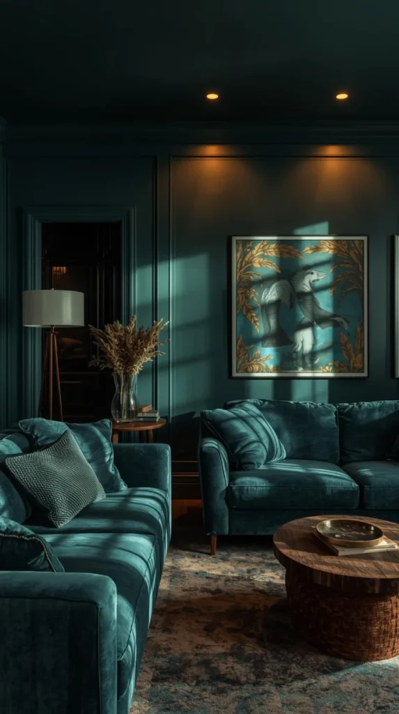 a living room painted in a deep teal color drenched scheme with ceiling lights casting uneven shadows