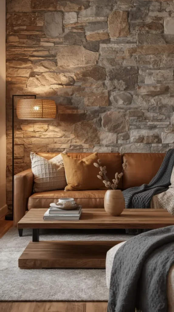 a living room with a floor to ceiling stone feature wall