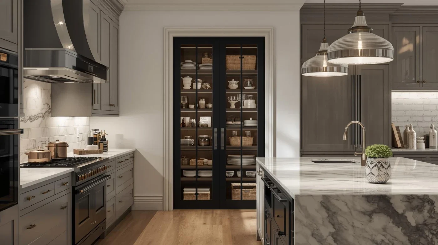 a luxury kitchen interior with a black framed glass pantry door