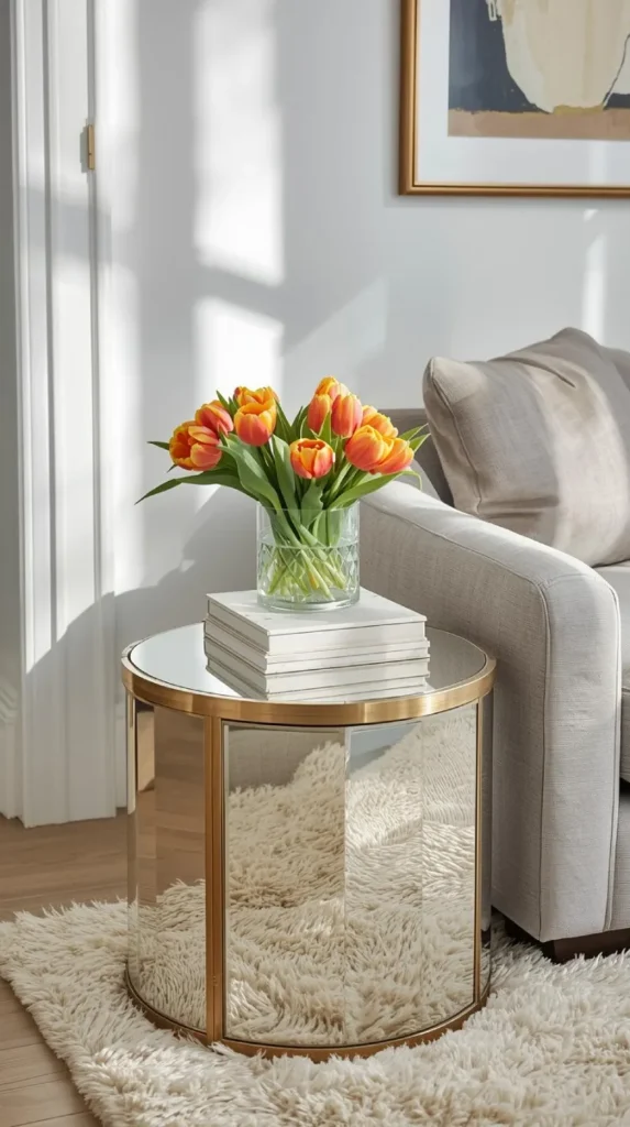 a mirrored side table with gold trim beside a light gray sofa. on top a white marble coaster, a small glass vase