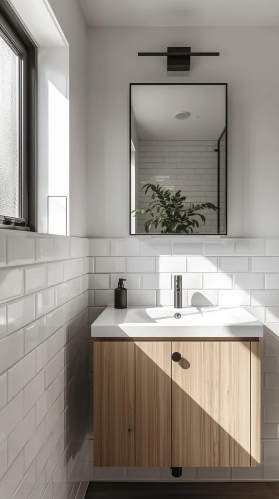 a modern bathroom scene showing a cabinet with a built in mirror on the door.