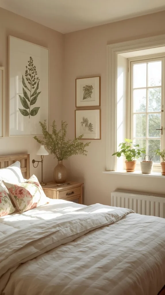 a modern cozy cottagecore bedroom with warm neutral walls