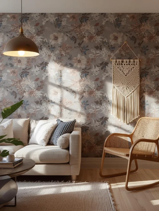 A modern living room with floral wallpaper behind a sleek neutral sofa and minimalist lighting.