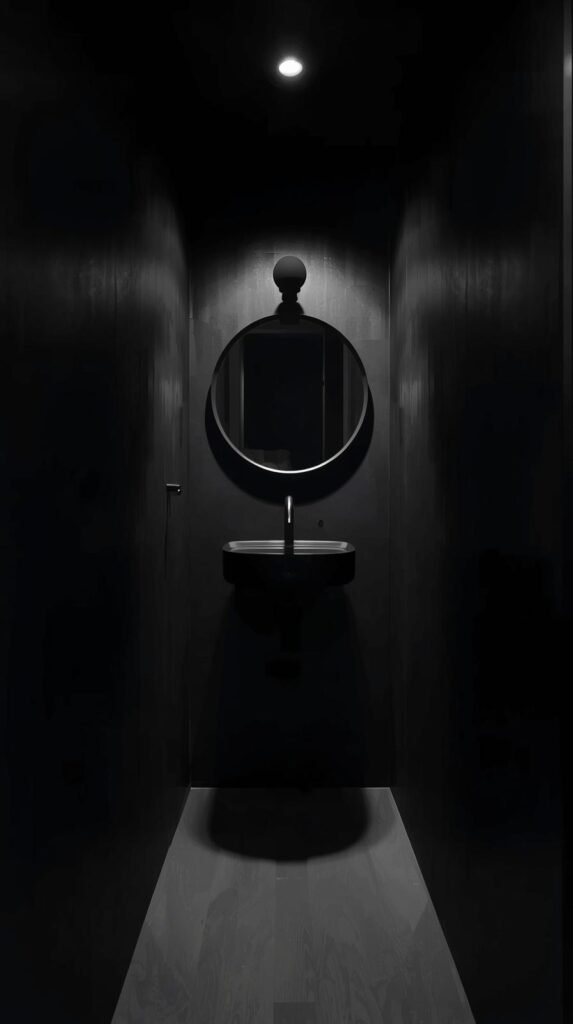 a narrow bathroom room fully drenched in dark charcoal paint; slightly claustrophobic feel