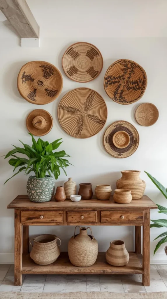 a neutral wall styled with an arrangement of woven baskets